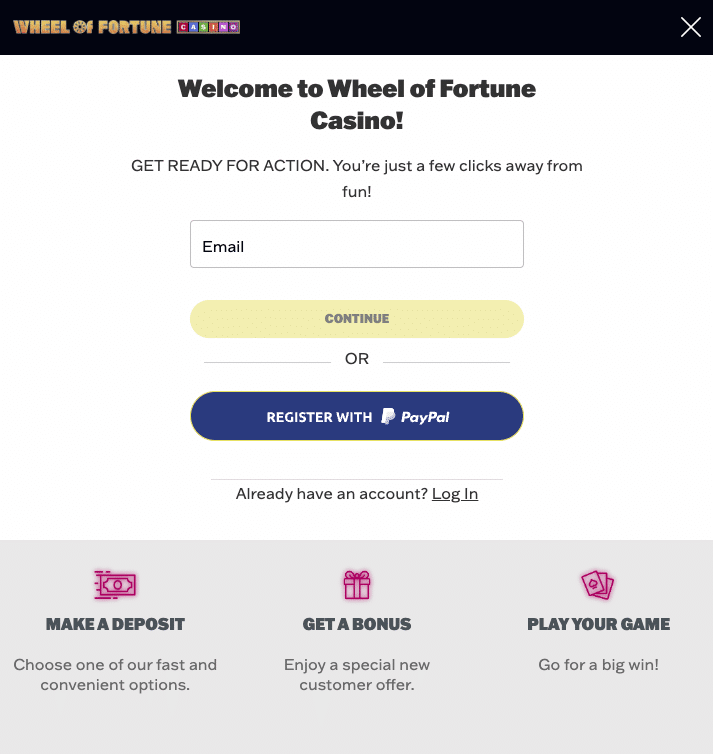 Wheel of Fortune Casino sign-up page