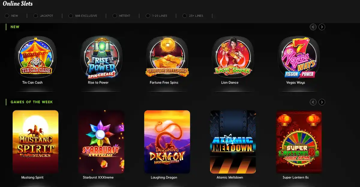 888 Casino Slot games selection